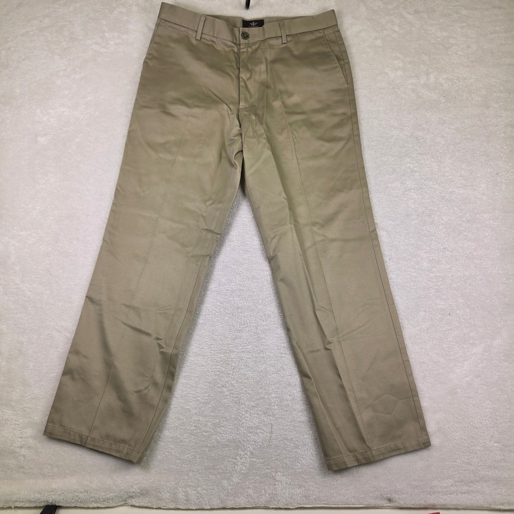 Dockers Mens 34x32 Straight Fit Khaki Chino Pants Tan 100% Cotton Flat Front